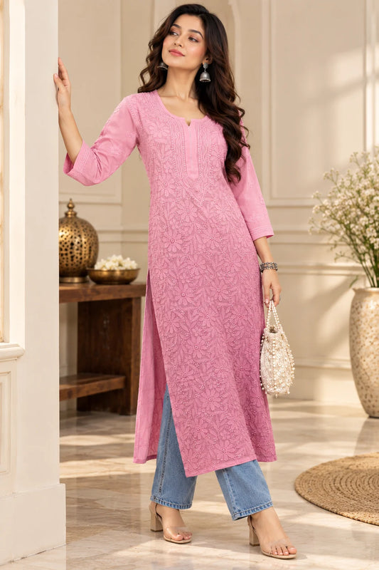 Lucknow Fashion Diary Hand Embroidered Lucknowi Chikankari Women's mauve Pink Viscose Kurta