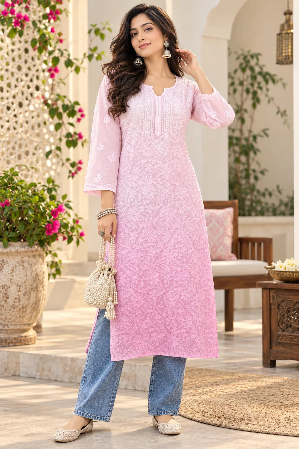 Lucknow Fashion Diary Hand Embroidered Lucknowi Chikankari Women Pink Viscose Kurta