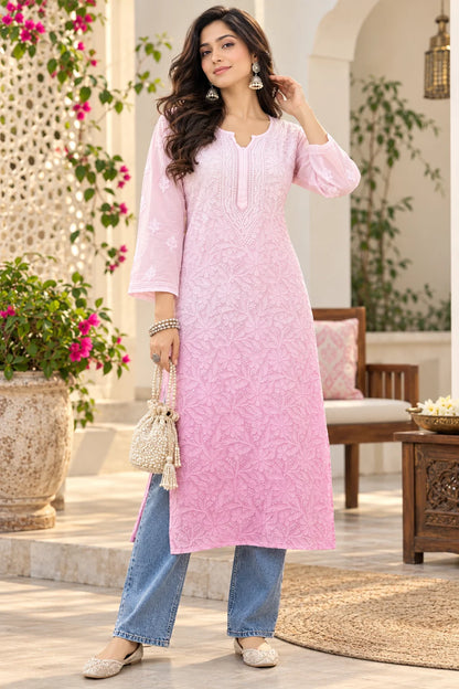 Lucknow Fashion Diary Hand Embroidered Lucknowi Chikankari Women Pink Viscose Kurta