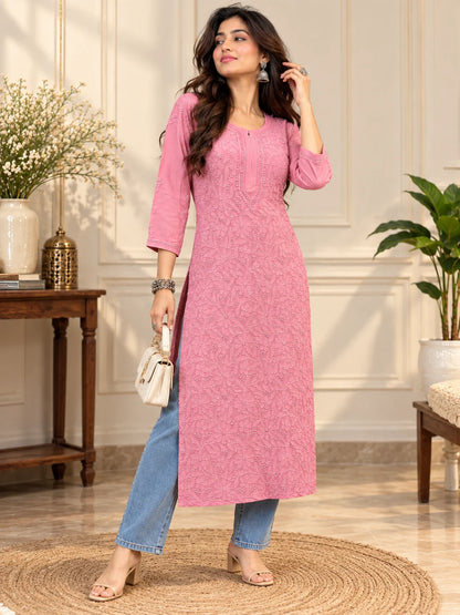 Lucknow Fashion Diary Hand Embroidered Lucknowi Chikankari Women's mauve Pink Viscose Kurta