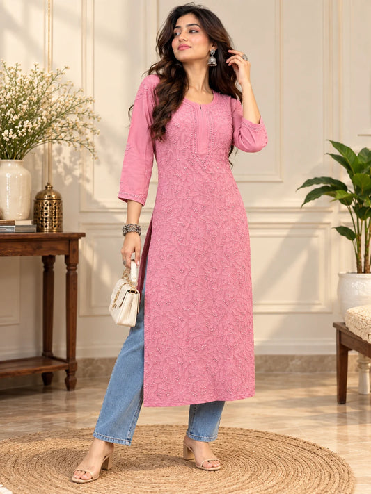 Lucknow Fashion Diary Hand Embroidered Lucknowi Chikankari Women's mauve Pink Viscose Kurta