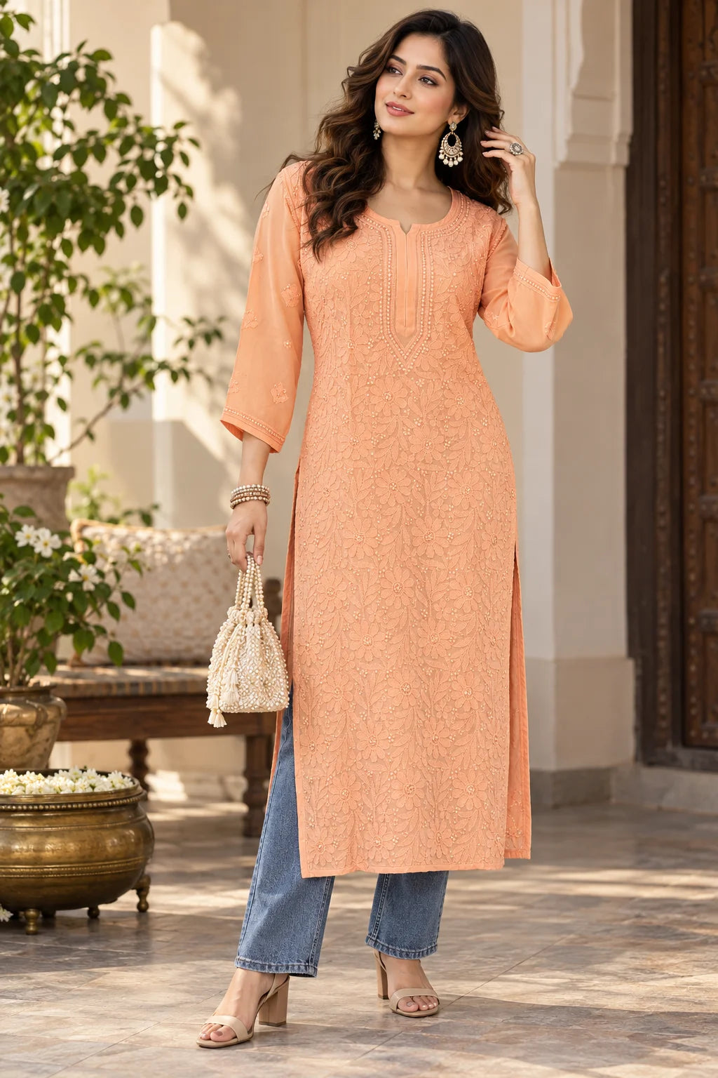 Lucknow Fashion Diary Hand Embroidered Lucknowi Chikankari Women peach Viscose Kurta