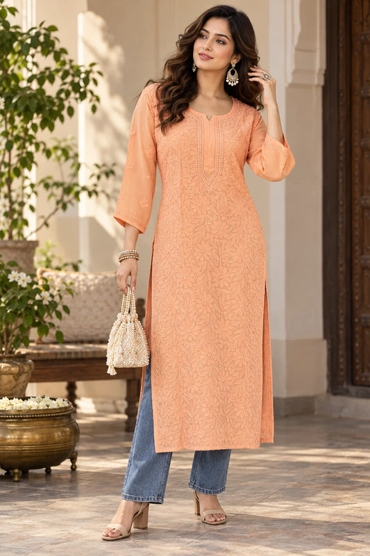Lucknow Fashion Diary Hand Embroidered Lucknowi Chikankari Women peach Viscose Kurta