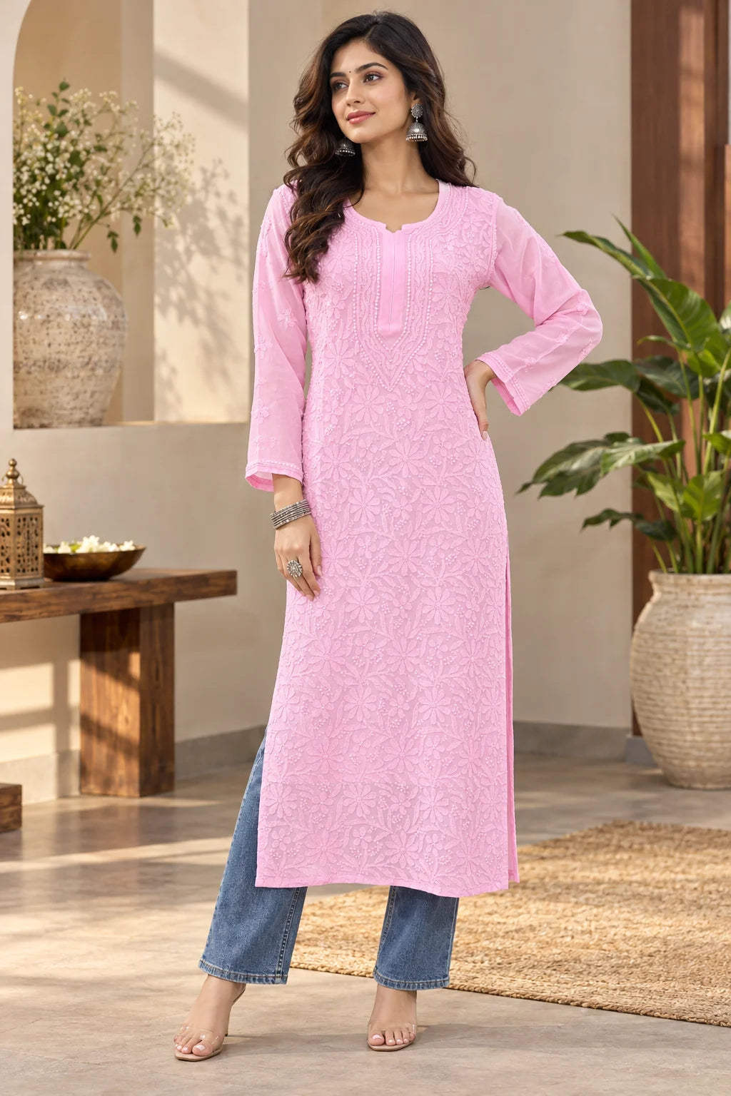 Lucknow Fashion Diary Hand Embroidered Lucknowi Chikankari Women Pink Viscose Kurta