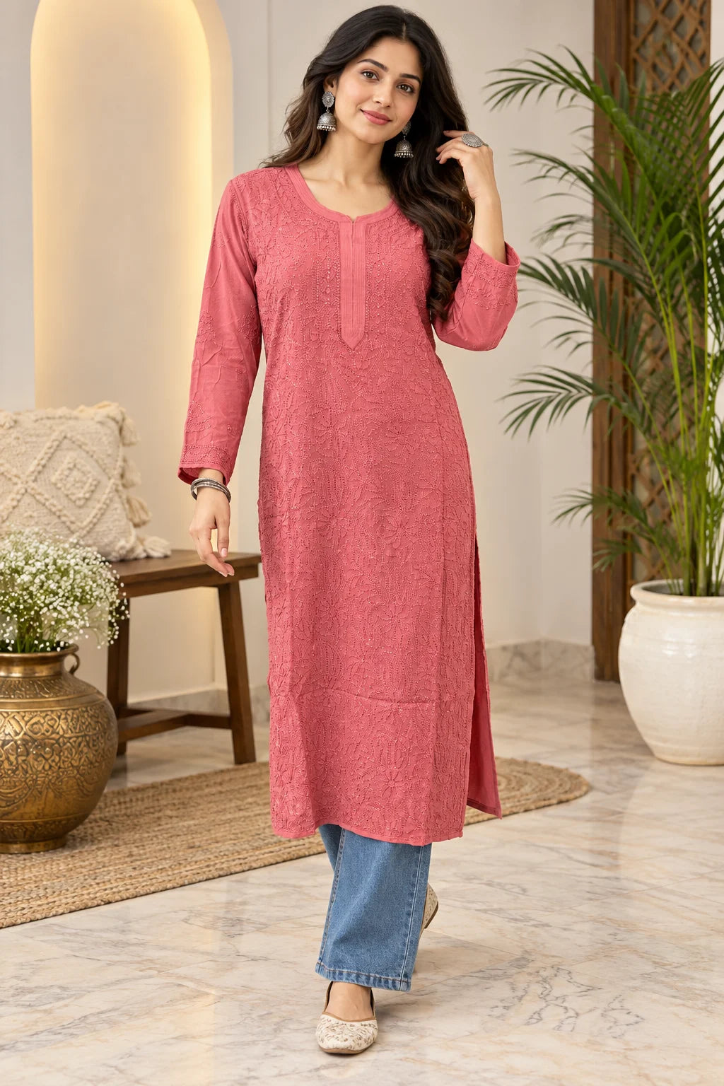 Lucknow Fashion Diary Hand Embroidered Lucknowi Chikankari Women's coral pink Viscose Kurta