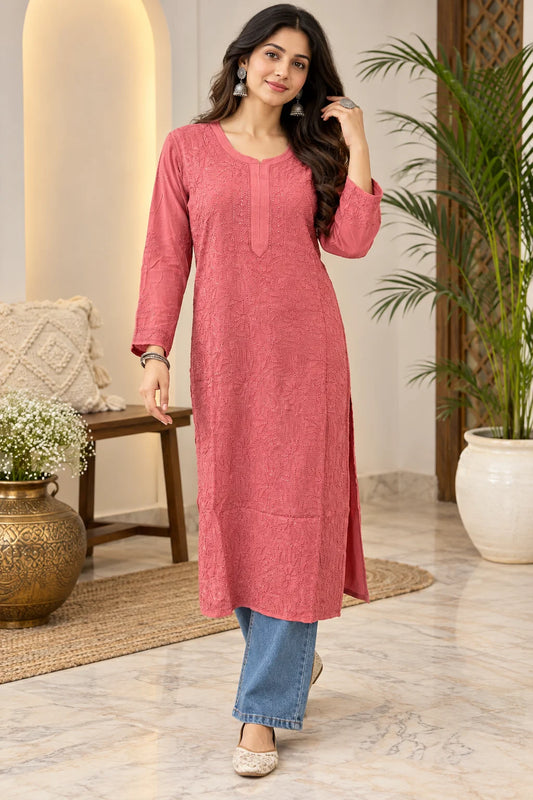 Lucknow Fashion Diary Hand Embroidered Lucknowi Chikankari Women's coral pink Viscose Kurta