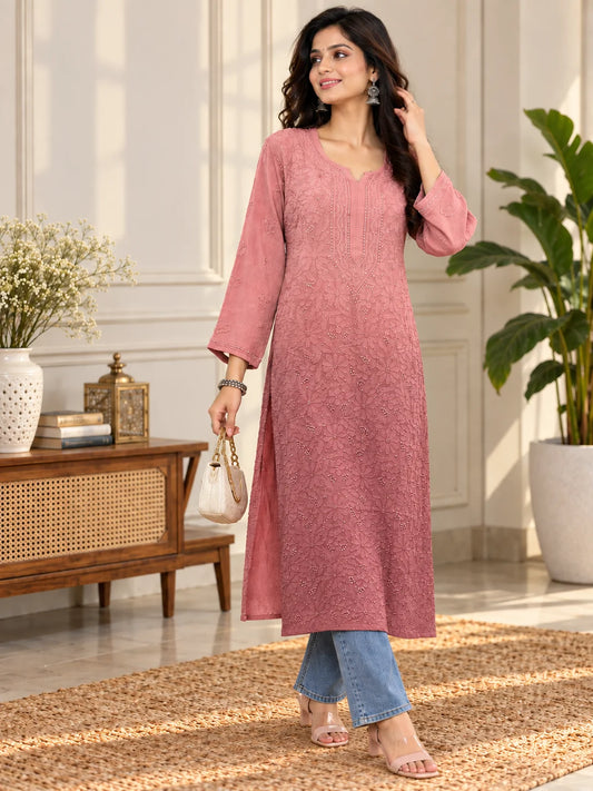 Lucknow Fashion Diary Hand Embroidered Lucknowi Chikankari Women's mauve Pink Viscose Kurta