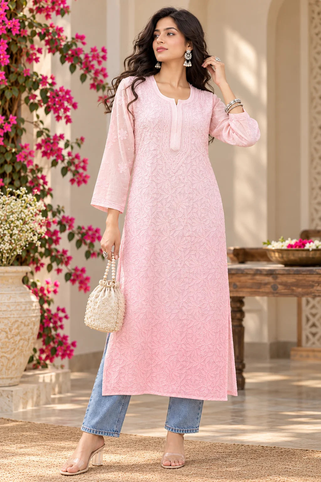 A woman models a light pink embroidered kurta with three-quarter sleeves, paired with light blue jeans, holding a small cream-colored woven handbag in an outdoor courtyard setting.