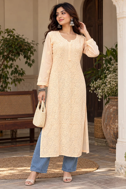 Lucknow Fashion Diary Hand Embroidered Lucknowi Chikankari Women peach Viscose Kurta