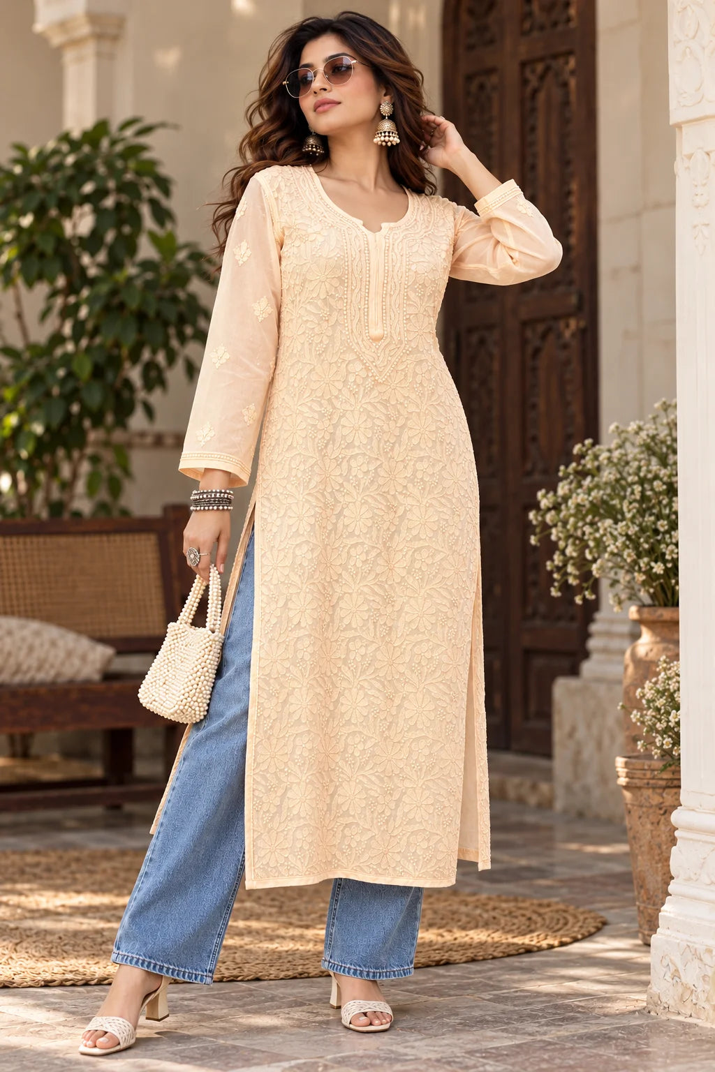 A woman models a Pink embroidered kurta with three-quarter sleeves, paired with light blue jeans, in a styled indoor setting with a stone pedestal and neutral background.