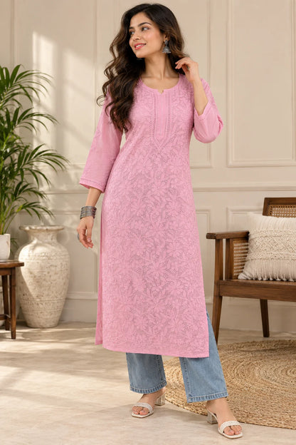 Lucknowi Chikankari Women's Mauve Pink 'Jamuni' Viscose Kurta