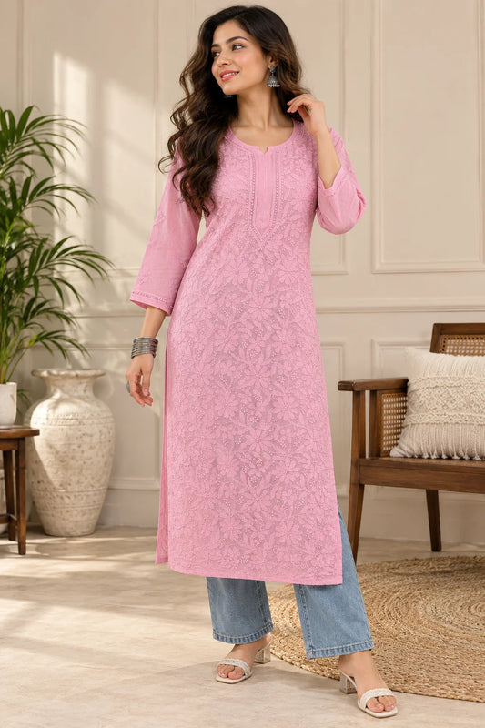Lucknowi Chikankari Women's Mauve Pink 'Jamuni' Viscose Kurta