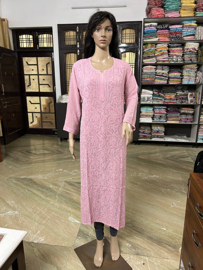 Mannequin wearing a lucknowi chikankari pink-colored kurta