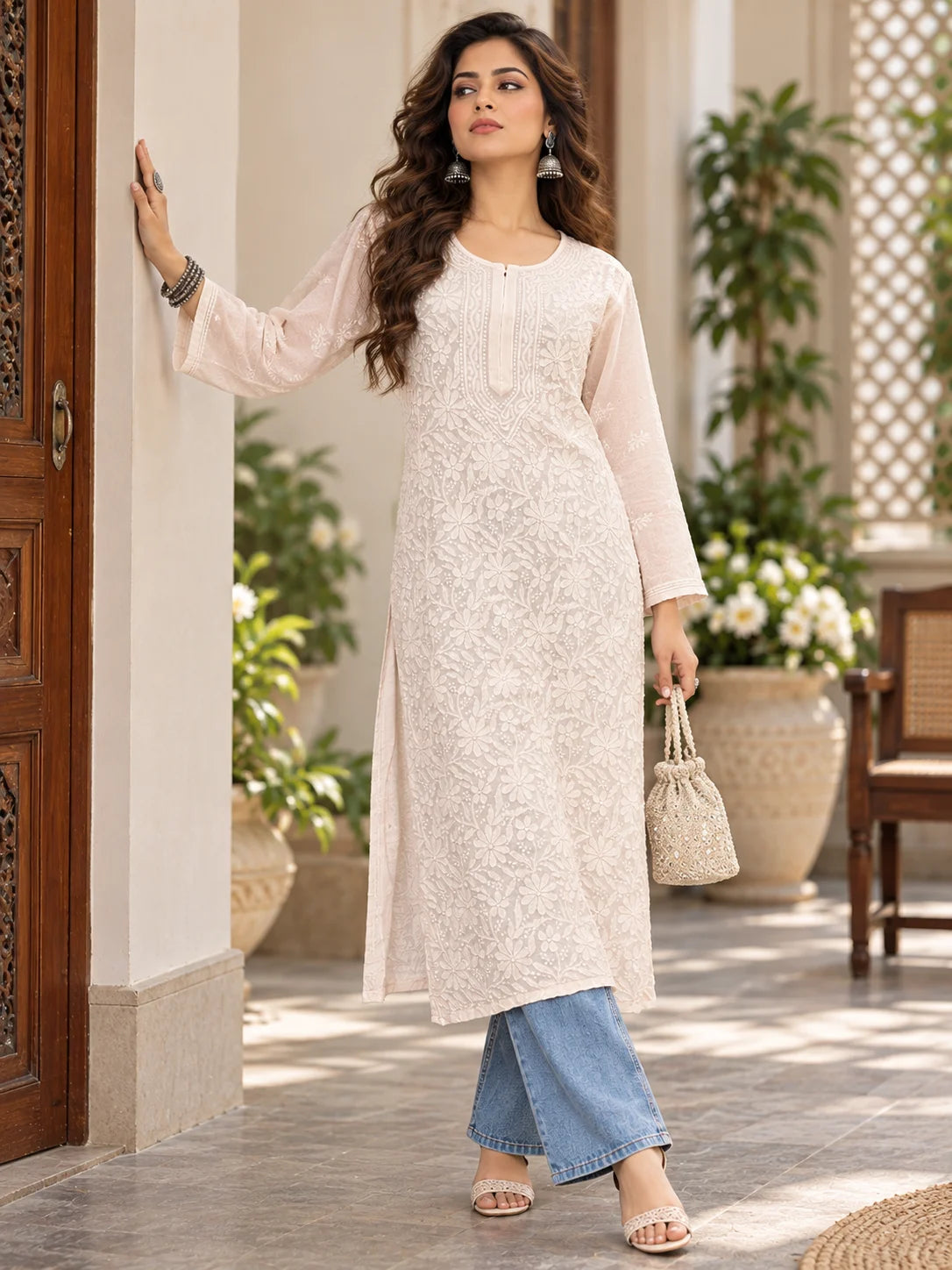 Lucknow Fashion Diary Hand Embroidered Lucknowi Chikankari Women peach Viscose Kurta