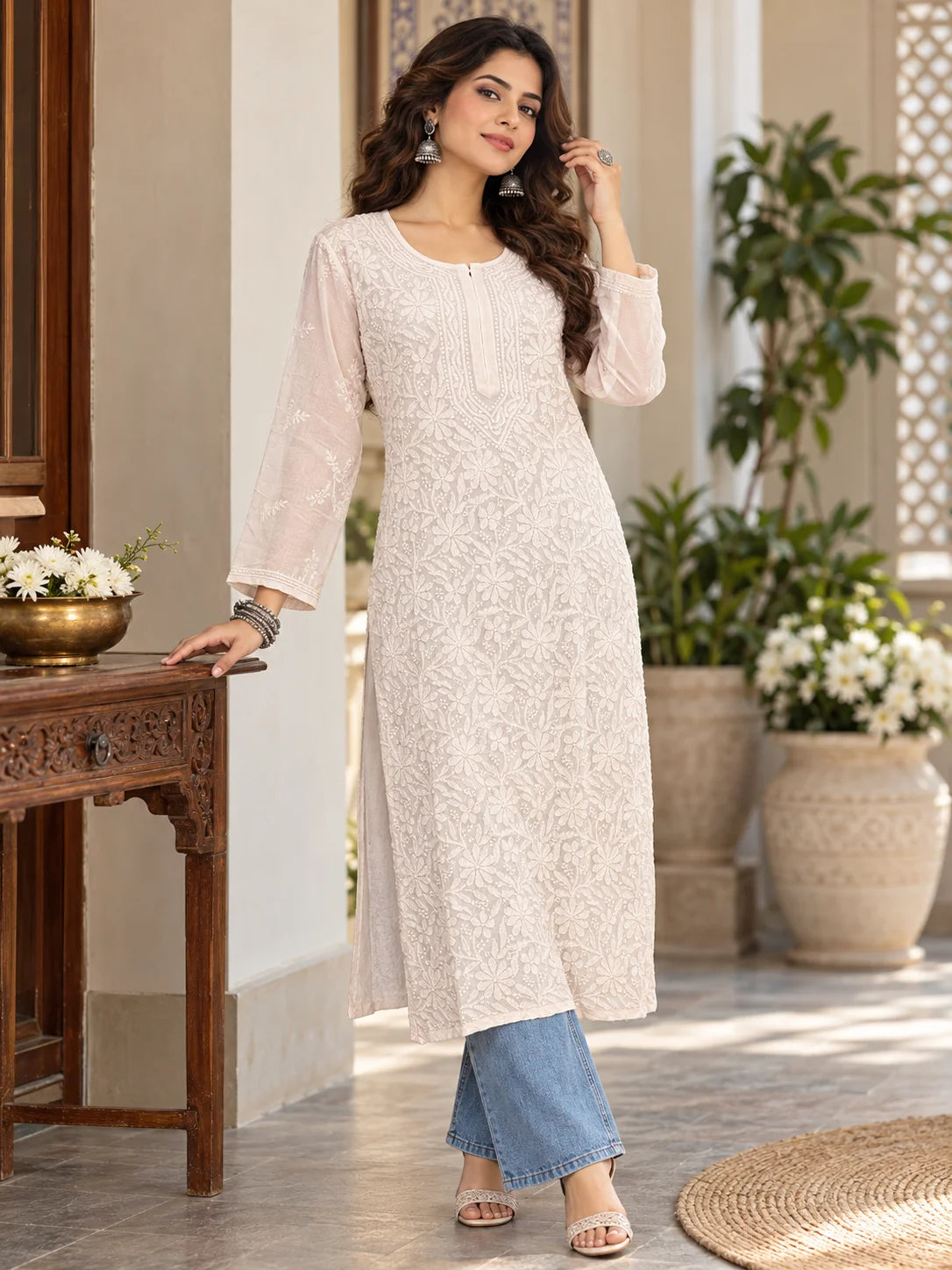 A woman models a light beige/cream long kurta with intricate floral embroidery, paired with light blue jeans and neutral sandals, standing in a beautifully decorated indoor courtyard setting.