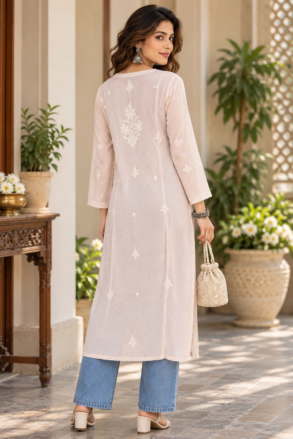A woman wearing a light pink three-quarter sleeve kurta with white embroidery on the back, paired with blue jeans and holding a small woven bag, standing in a decorated indoor-outdoor corridor.