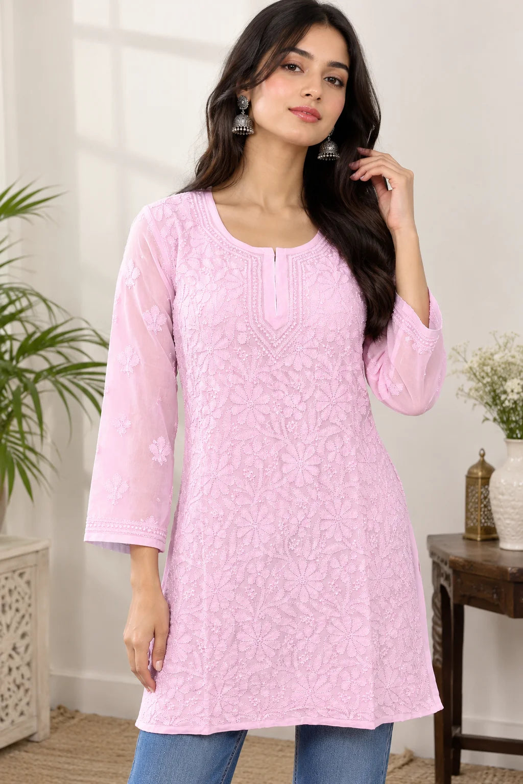 Lucknow Fashion Diary Hand Embroidered Lucknowi Chikankari Women Pink Viscose Short Kurti 