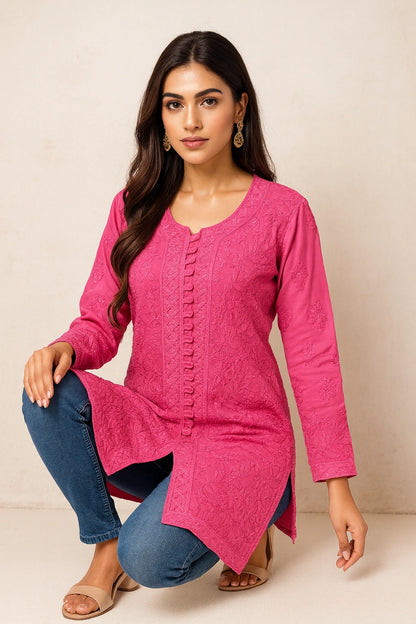 Lucknow Fashion Diary Hand Embroidered Lucknowi Chikankari Women's Pink Viscose Short Kurti 