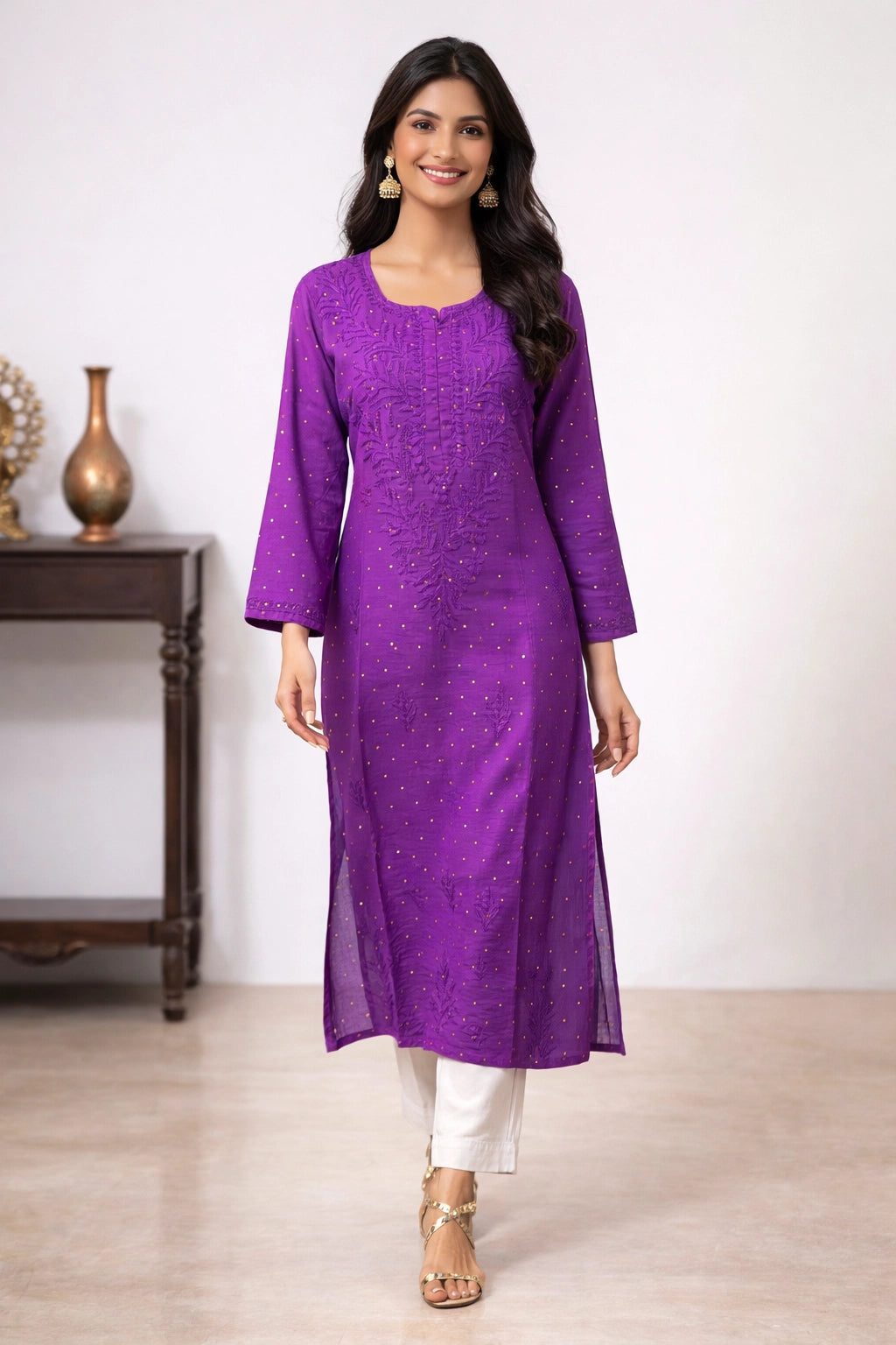 A woman modeling a purple embroidered kurta with white pants and gold sandals, standing in a studio setting with a light-colored wall and a dark wooden side table in the background.