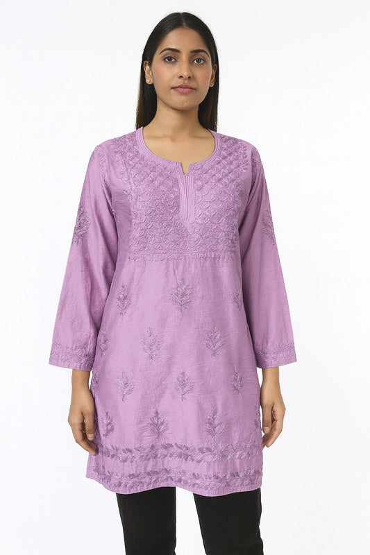 Lucknow Fashion Diary Hand Embroidered Lucknowi Chikankari Women's Purple Chanderi Short Kurti 