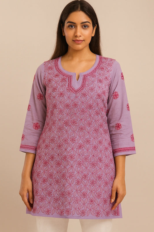 Lucknow Fashion Diary Hand Embroidered Lucknowi Chikankari Women's Purple Cotton Short Kurti 