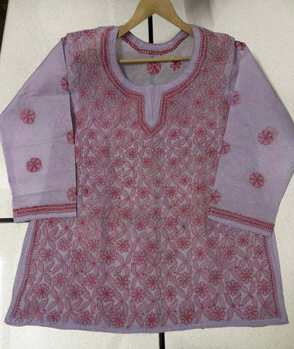 lucknowi chikankari Light purple traditional outfit with red floral patterns on a white background