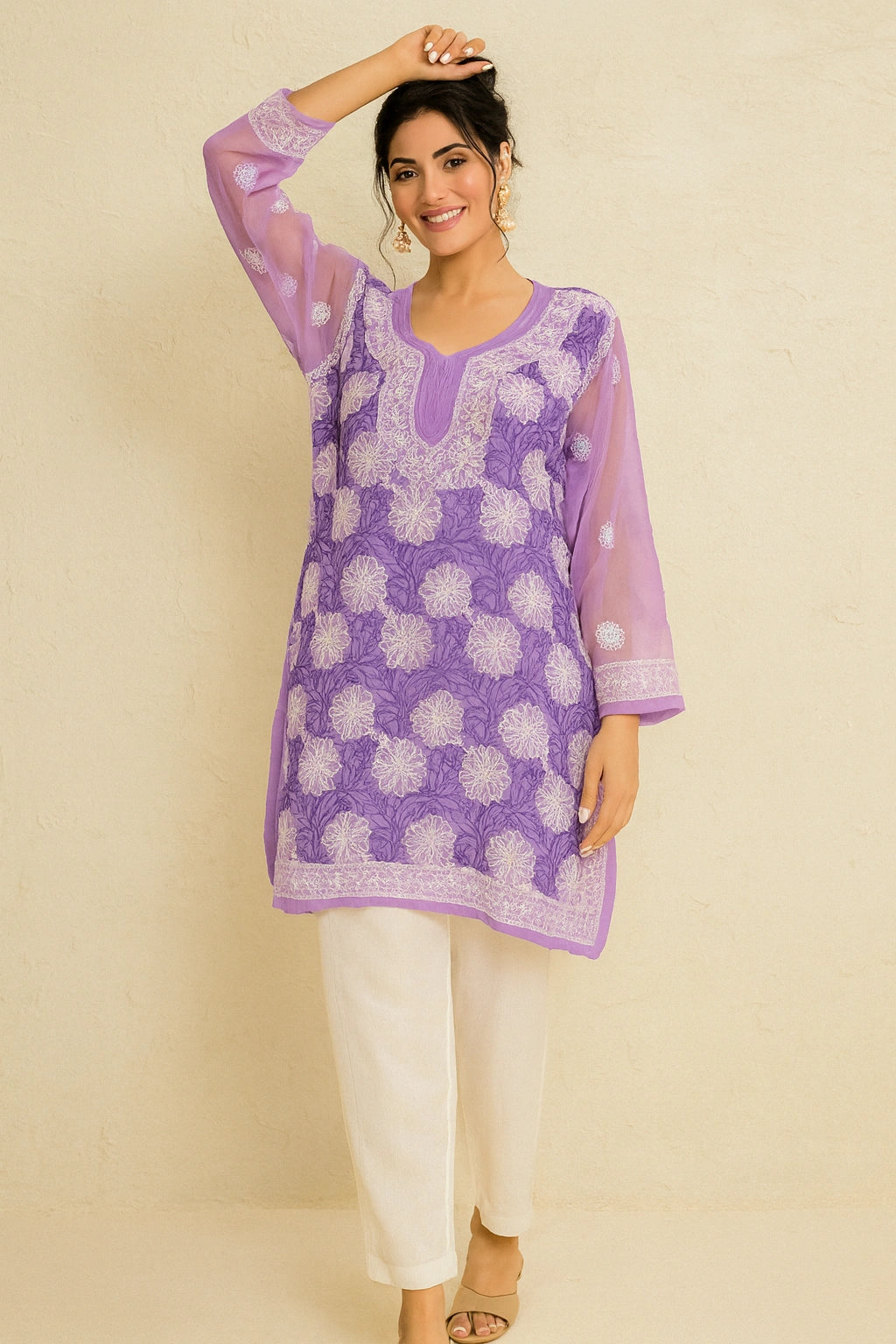 Lucknow Fashion Diary Hand Embroidered Lucknowi Chikankari Women's Purple georgette Short Kurti 