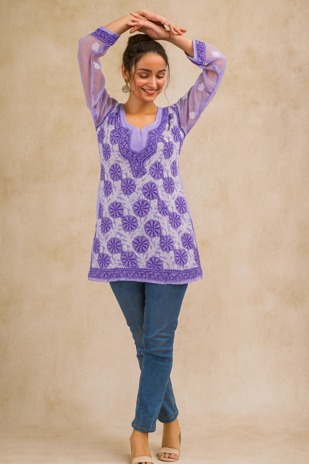 Lucknow Fashion Diary Hand Embroidered Lucknowi Chikankari Women's Purple georgette Short Kurti 