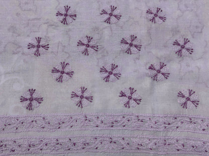 lucknowi chikankari Textile with purple floral patterns on a light gray background