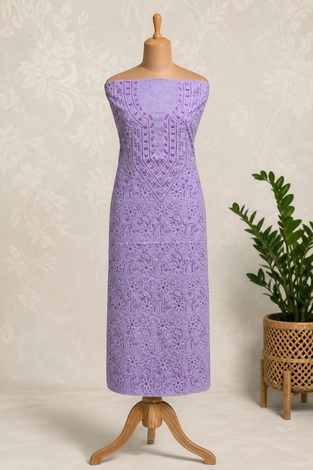 Lucknow Fashion Diary Hand Embroidered Lucknowi Chikankari Women's Unstitched Purple Cotton Kurta Fabric 