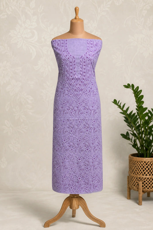 Lucknow Fashion Diary Hand Embroidered Lucknowi Chikankari Women's Unstitched Purple Cotton Kurta Fabric 