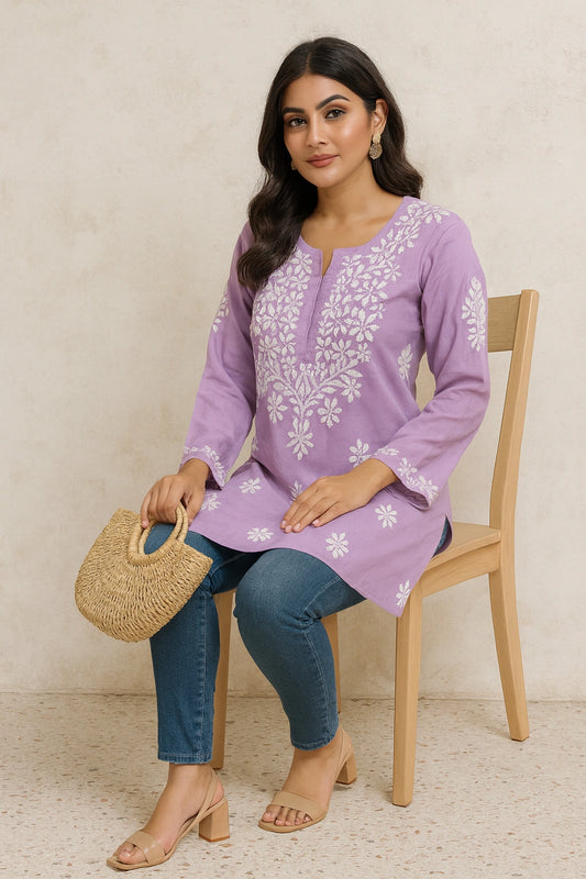 Lucknow Fashion Diary Hand Embroidered Lucknowi Chikankari Women's Purple Modal Short Kurti 