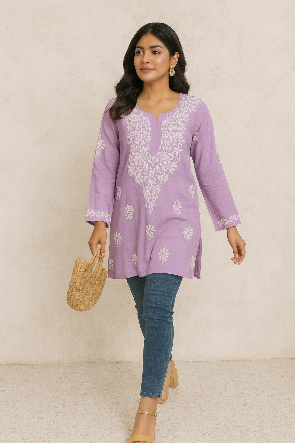 Woman wearing a purple embroidered tunic with blue jeans against a beige background