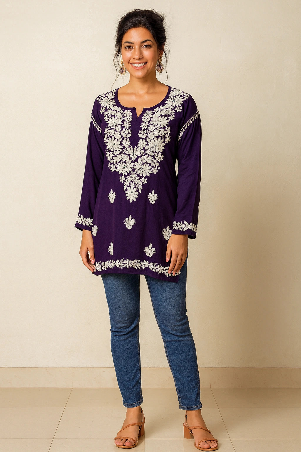 Lucknow Fashion Diary Hand Embroidered Lucknowi Chikankari Women's Purple Rayon Short Kurti 