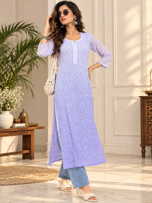 Lucknow Fashion Diary Hand Embroidered Lucknowi Chikankari Women's Purple Viscose Kurta