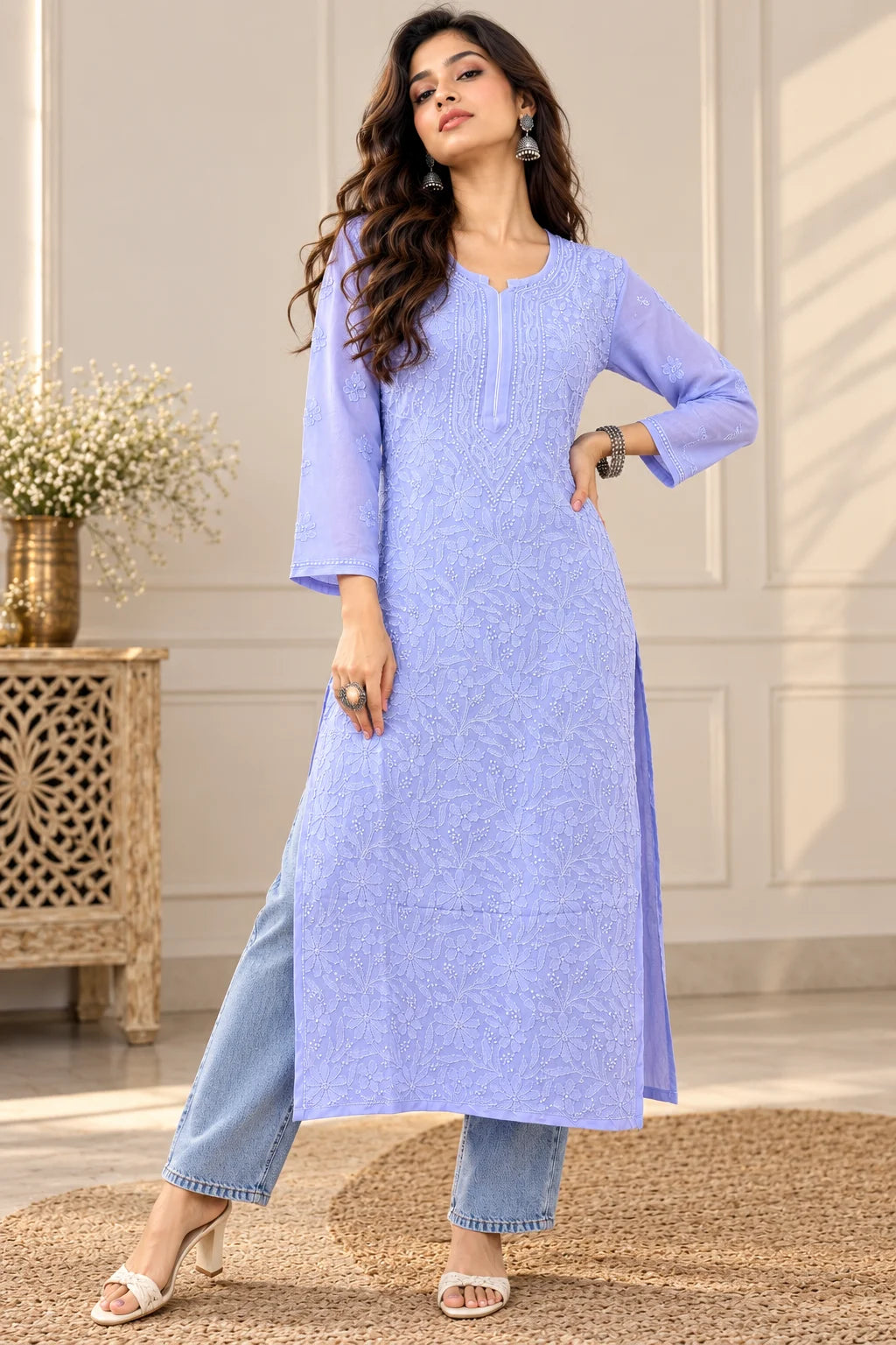 Lucknow Fashion Diary Hand Embroidered Lucknowi Chikankari Women's Purple Viscose Kurta
