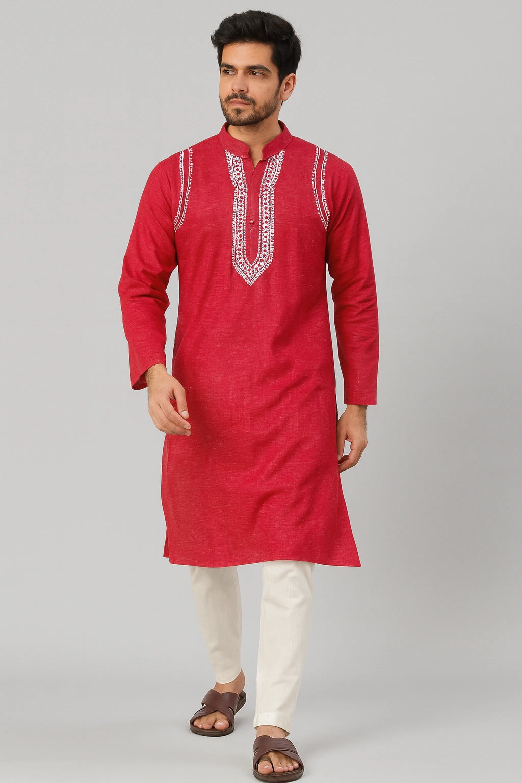 Lucknow Fashion Diary Hand Embroidered Lucknowi Chikankari Men's Red Cotton Kurta