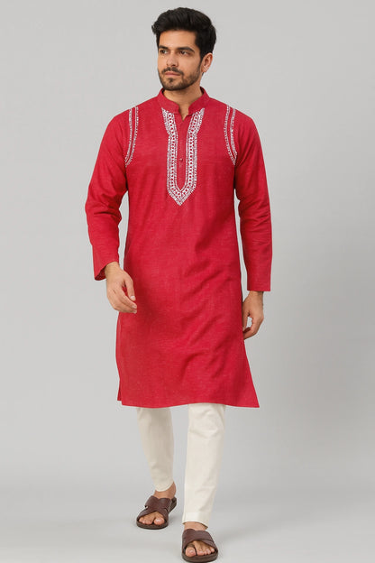 Lucknow Fashion Diary Hand Embroidered Lucknowi Chikankari Men's Red Cotton Kurta