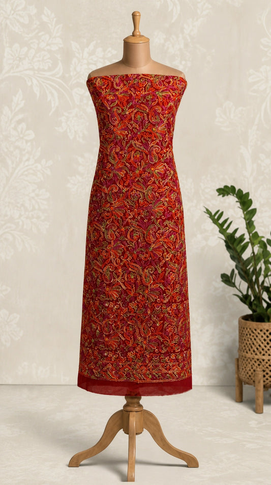 Lucknow Fashion Diary Hand Embroidered Lucknowi Chikankari Women's Unstitched Red Georgette Kurta Fabric 