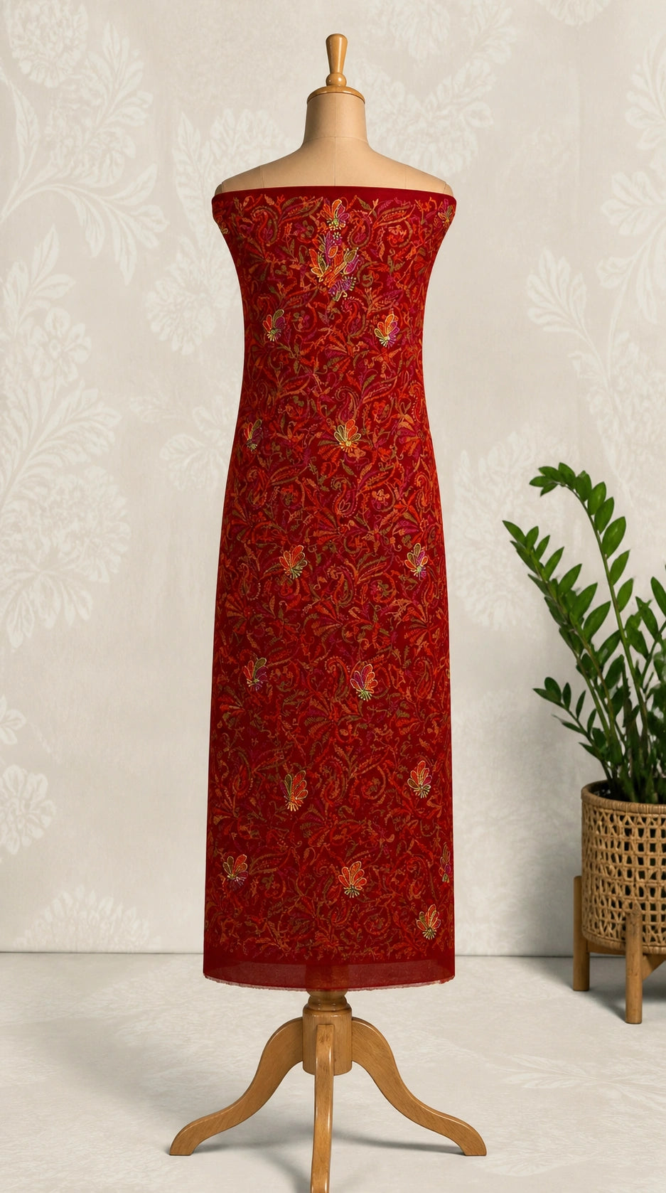 lucknowi chikankari Red dress on a mannequin with a plant in the background