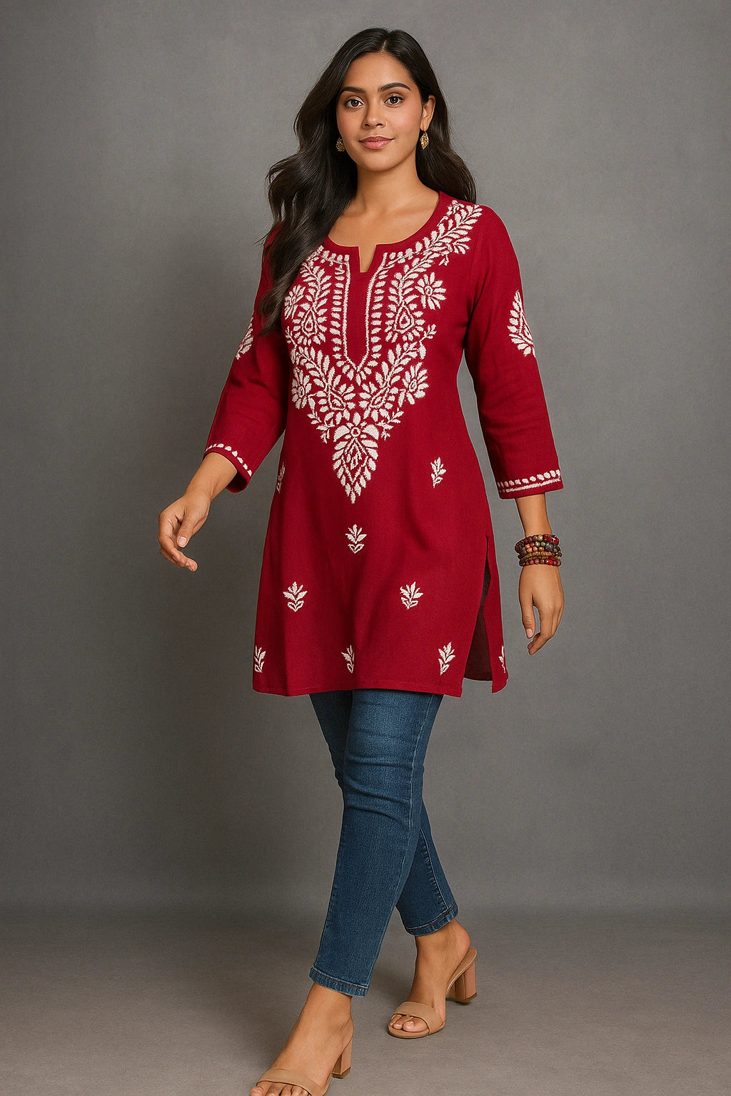 Lucknow Fashion Diary Hand Embroidered Lucknowi Chikankari Women's Red Rayon Short Kurti 