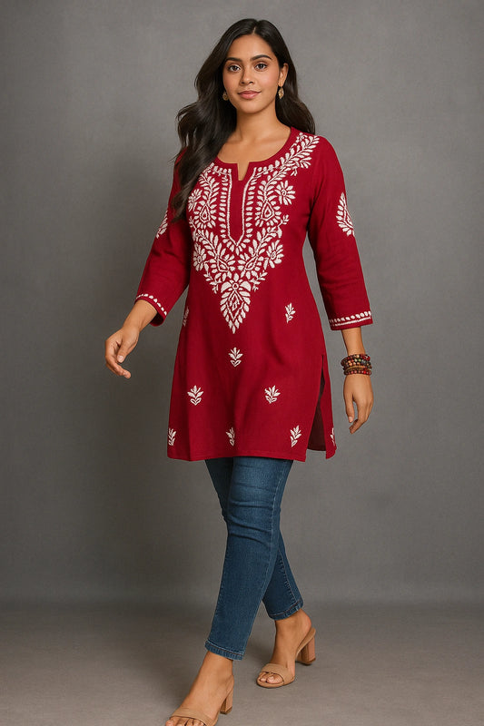 Lucknow Fashion Diary Hand Embroidered Lucknowi Chikankari Women's Red Rayon Short Kurti 