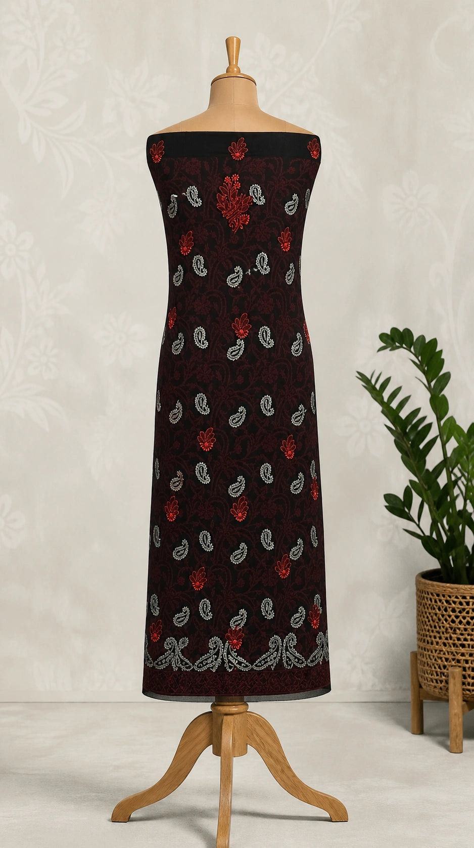 lucknowi chikankari Black strapless dress with red and white floral pattern on a mannequin against a light background.