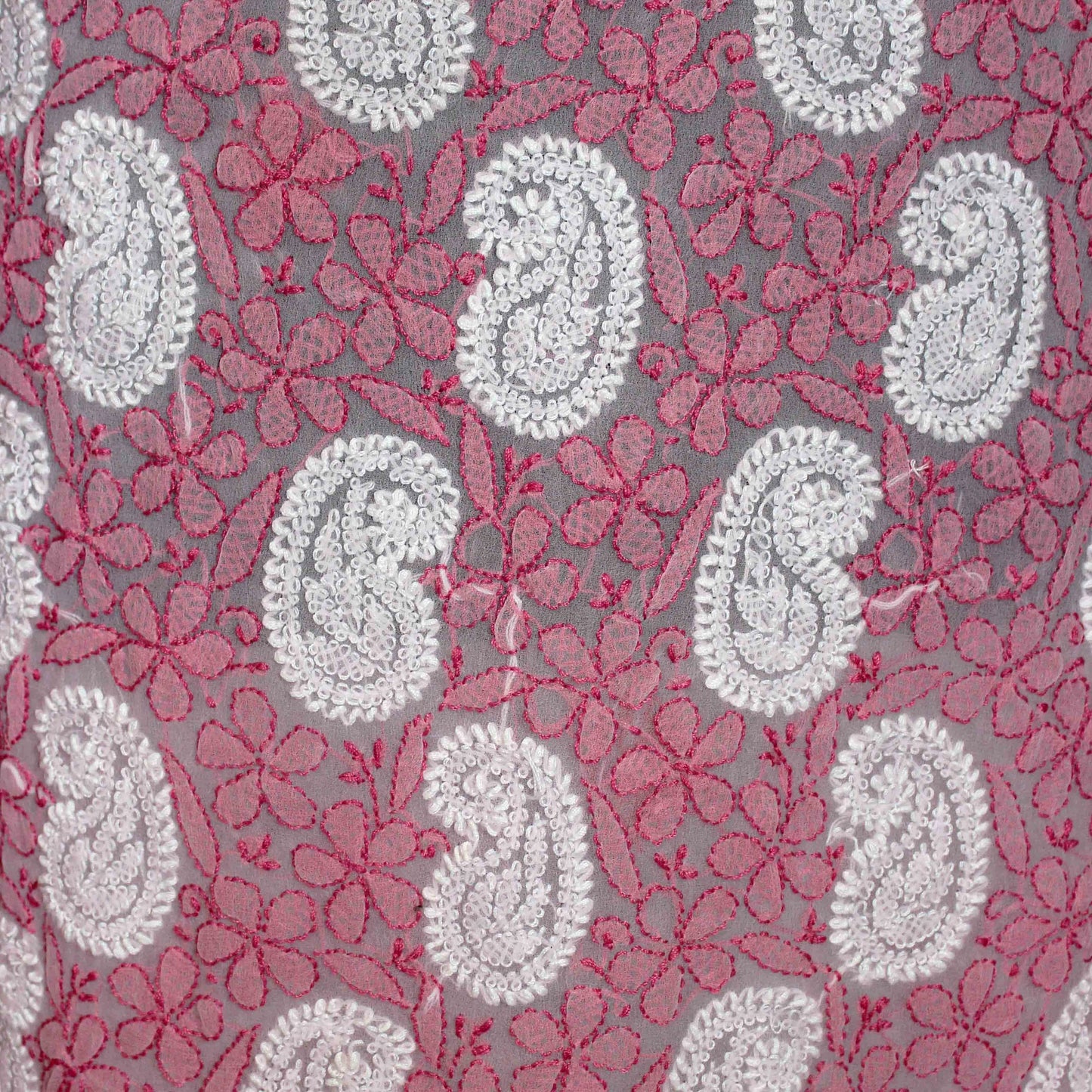 lucknowi chikankari Pattern of paisleys and leaves in pink and white on a gray background