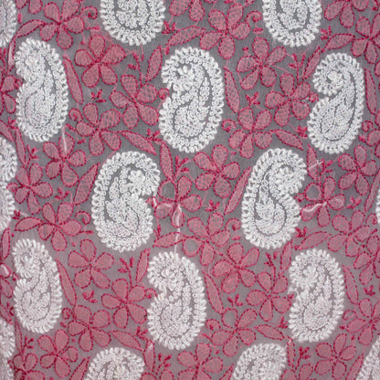 lucknowi chikankari Pattern of paisleys and leaves in pink and white on a gray background