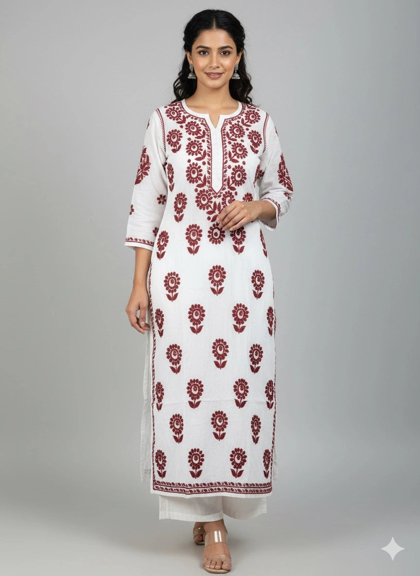 Lucknow Fashion Diary Hand Embroidered Lucknowi Chikankari Women's White Chanderi Kurti 