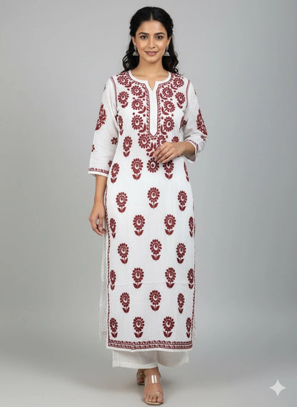Lucknow Fashion Diary Hand Embroidered Lucknowi Chikankari Women's White Chanderi Kurti 