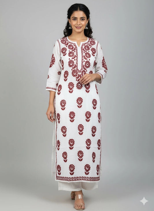 Lucknow Fashion Diary Hand Embroidered Lucknowi Chikankari Women's White Chanderi Kurti 