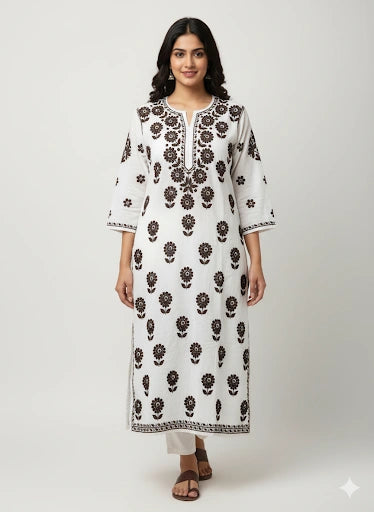 Lucknow Fashion Diary Hand Embroidered Lucknowi Chikankari Women's White Chanderi Kurti 