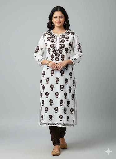 Woman wearing a lucknowi chikankari white kurta with black floral patterns on a gray background